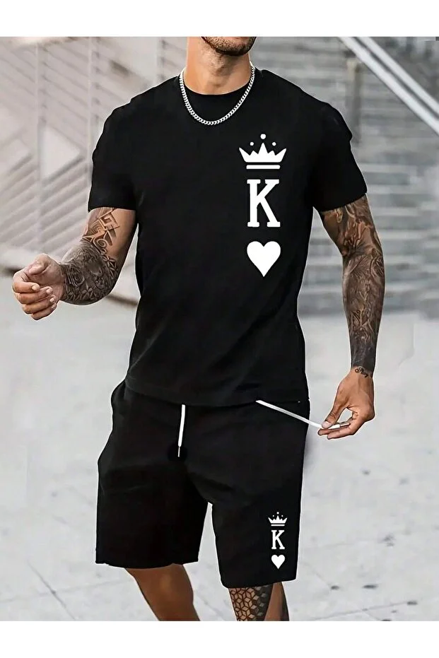 Erkek T-Shirt Şort - Şortlu Tişört Alt Üst Takım King Baskılı Bisiklet Yaka